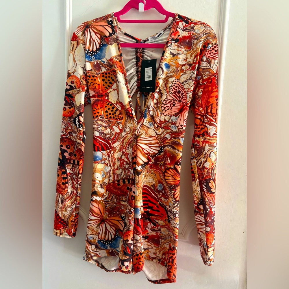 Butterfly Print Long Sleeve V-neck Shorts Romper - Orange Multi